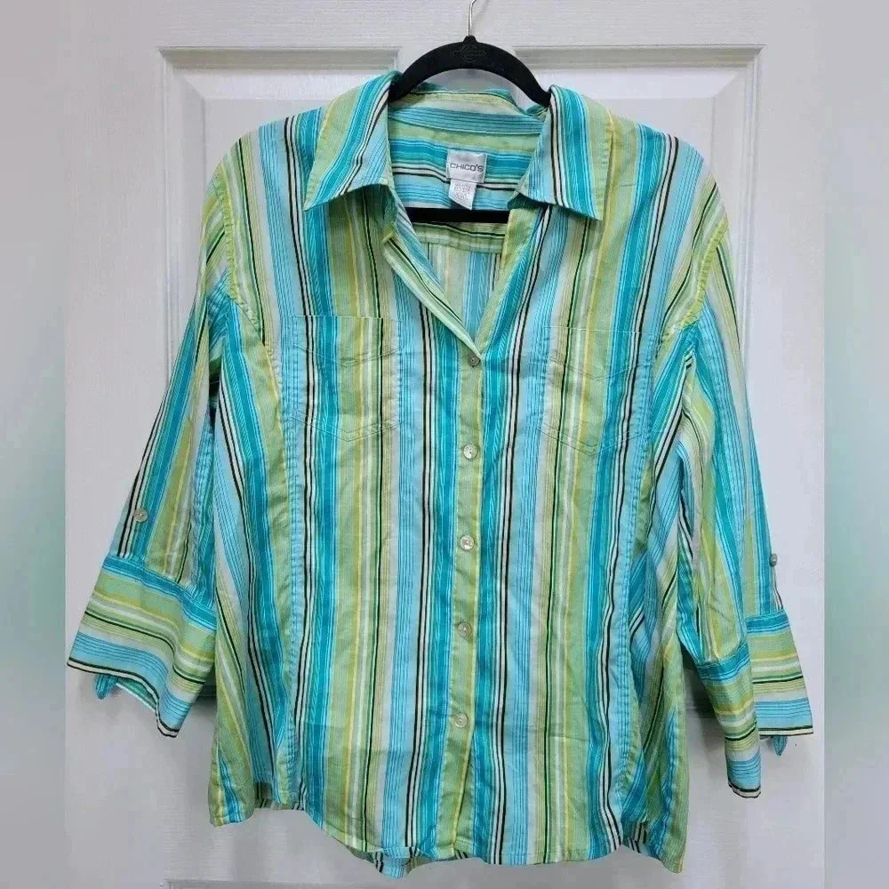 Chico's Women's Button Down Striped 3/4 Sleeve Button Blouse Size 3 or Large